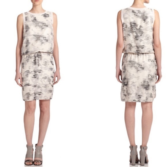 Vince Silk Sleeveless Jacquard Drawstring Dress, White Marble Size Large - Picture 14 of 15